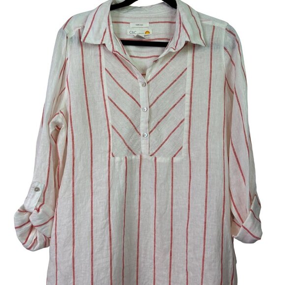 C&C California Women's 100% Linen Orange Striped Pull Over Tunic Top Size Large - Picture 6 of 11